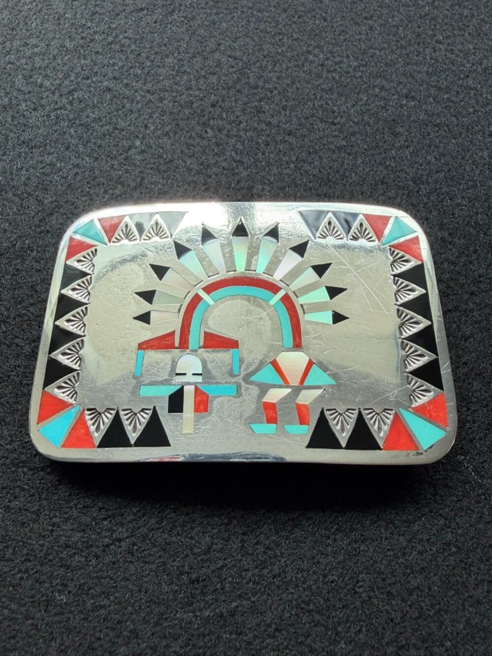 Vintage Zuni F L Natachu Sterling Silver Rainbow Man Belt Buckle